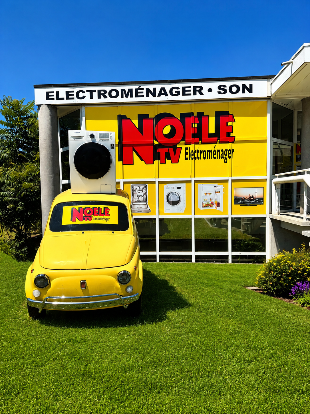 La célèbre Fiat jaune NoeleTV devant le magasin de Vernier